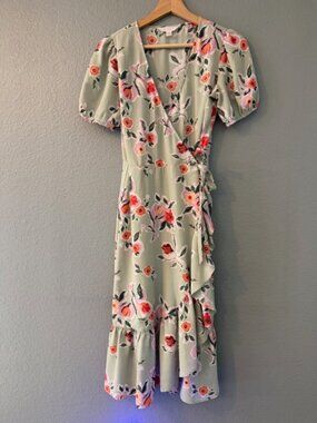 LC Lauren Conrad Sage Floral Puff Sleeve Wrap Midi Dress Ruffle XS